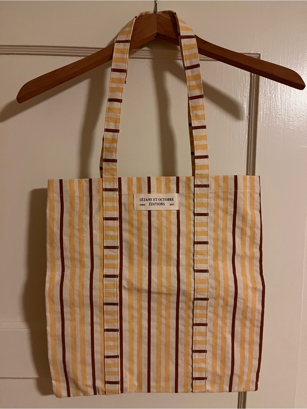 Sézane et October Editions Striped Canvas Tote with Yellow and Burgundy Stripes